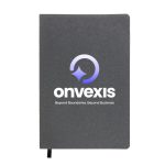 A grey notebook featuring a logo and a ribbon bookmark.