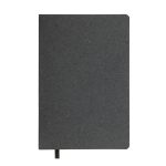 A black notebook with a textured cover and a ribbon bookmark.