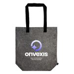 A grey tote bag with black handles and a logo displayed prominently on one side.