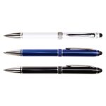 Three pens in white, blue, and black, each featuring a sleek design and metallic accents, with a brand logo visible.