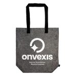 A grey tote bag with black handles featuring a logo and branding on the front.