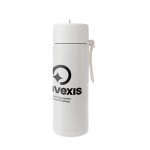 A white drink bottle with a logo, featuring a secure lid and a carrying strap.