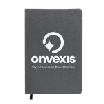 A grey notebook with a logo on the cover and a black ribbon bookmark.