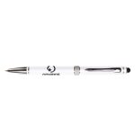 A white pen with a black grip and silver accents, featuring a logo on the barrel.