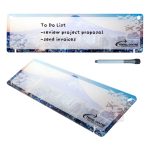 A dry erase board featuring a blue and white design with a mountain and city skyline, along with a marker.