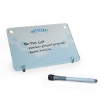 A clear acrylic to-do list board with a blue header and a list of tasks written on it, accompanied by a gray marker.
