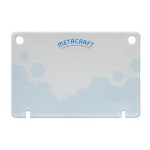 A sleek, light blue note holder with rounded corners and a logo at the top.