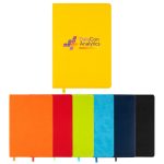 A collection of Genesis A5 Notebooks in various colors including yellow, orange, and black, each with a logo.
