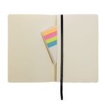 A recycled leather notebook in cream color with a black ribbon bookmark and colorful sticky notes inside.