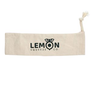 A natural-coloured drawstring pouch featuring a logo, ideal for carrying small items.