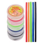 A stack of colorful silicone straws in a case with a lid, featuring six straws in green, red, blue, black, and orange.
