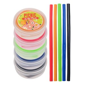 A stack of colorful silicone straws in a case with a lid, featuring six straws in green, red, blue, black, and orange.