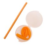 A silicone straw in a case, with the straw coiled inside the container. Both the straw and the case are orange in color.