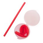 A red silicone straw placed inside a clear case, with an additional rolled-up straw in the case.