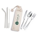 A stainless steel cutlery and straw set in a calico pouch, featuring a knife, fork, spoon, and two straws.