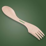 A light beige multi utensil with a spoon, fork, and serrated edge, featuring a logo.