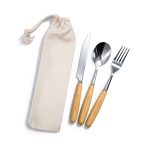 A cutlery set featuring a knife, fork, and spoon with wooden handles, packaged in a beige pouch.