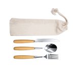 A cutlery set featuring a knife, spoon, and fork with wooden handles, stored in a natural fabric pouch.