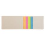 A set of sticky notes in various colors including pink, blue, green, and orange, housed in a beige holder.