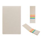 A set of sticky notes with a beige cover and colorful sticky flags in pink, yellow, orange, and green.