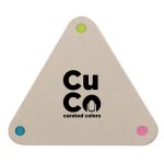 A triangular sticky note pad in beige with a logo and colored accents in pink, blue, and green at the corners.