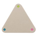 A triangular sticky note in a beige color, featuring colored dots in green, blue, and pink at each corner.