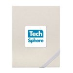 A white planner with a small blue logo on the cover and an elastic strap closure.