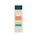 A rectangular bookmark with a ruler, featuring five colourful sticky tabs in pink, yellow, green, and blue, and a logo.