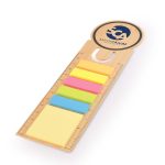 A bamboo bookmark featuring a ruler design and multiple colored sticky notes. The top of the bookmark displays a logo.