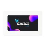 A rectangular promotional card with a colourful abstract design featuring a logo and brand name on a dark background.