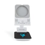 A white phone stand with a black base and a logo, designed to hold mobile devices securely.