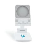 A white phone stand with a circular holder and a logo. The base is square-shaped and designed for stability.