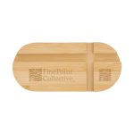 A bamboo phone stand featuring an engraved logo, with a smooth, natural finish and an oval shape.