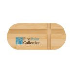 A bamboo phone stand in an oval shape with a blue logo on the surface.