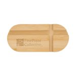 A bamboo phone stand with an oval shape and a logo. It features slits for device placement.