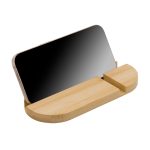 A bamboo phone stand in a natural finish with a slot for a mobile device. Features a minimalist design.