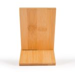 A bamboo phone stand designed for holding smartphones, featuring a sleek and minimalistic design.