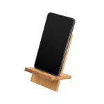 A bamboo phone stand holding a smartphone, showcasing its natural wood finish and minimalist design.