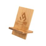 A bamboo phone stand featuring a simple design with a logo, in natural wood tones.