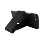 A black phone stand designed to hold a smartphone upright, featuring a simple, foldable design.