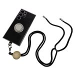 A black phone neck lanyard with a wooden bead and a phone holder attachment, designed to secure a smartphone.