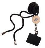 A black neck lanyard with a logo tag and a clip for holding a card or item.