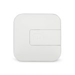 A white rectangular retractable charging cable with a button for operation and a logo.