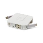 A white retractable charging cable featuring USB and USB-C connectors, with a compact design and a logo.
