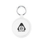 A white keychain with a circular design and a silver keyring, featuring a logo with musical notes.