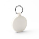 A white keychain with a circular design and a silver metal ring. The keychain features a subtle textured pattern.