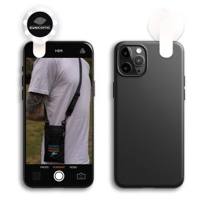A black smartphone is displayed with an attached LED selfie light. The phone has a photo of a person wearing a bag.