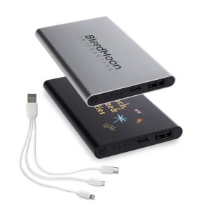 A silver and black power bank with multiple charging ports and a branded logo, accompanied by three charging cables.