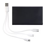 A black power bank with a USB cable featuring multiple connectors in white.