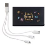 A black power bank with a logo and three charging cables in white, featuring a beach-themed design.